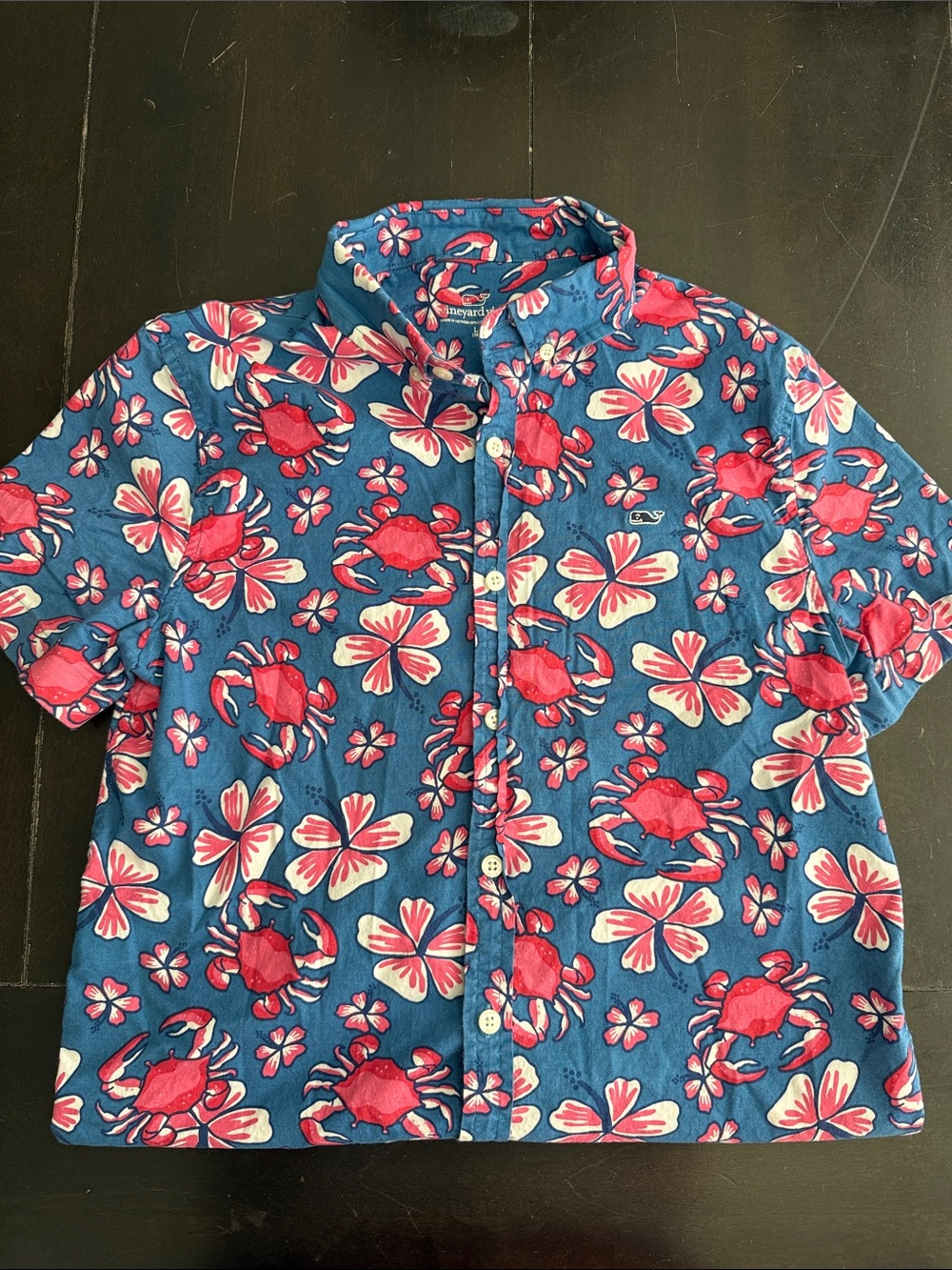 Vineyard Vines Blue Short-Sleeve Button-Up with Red Crab & Cream Floral Print